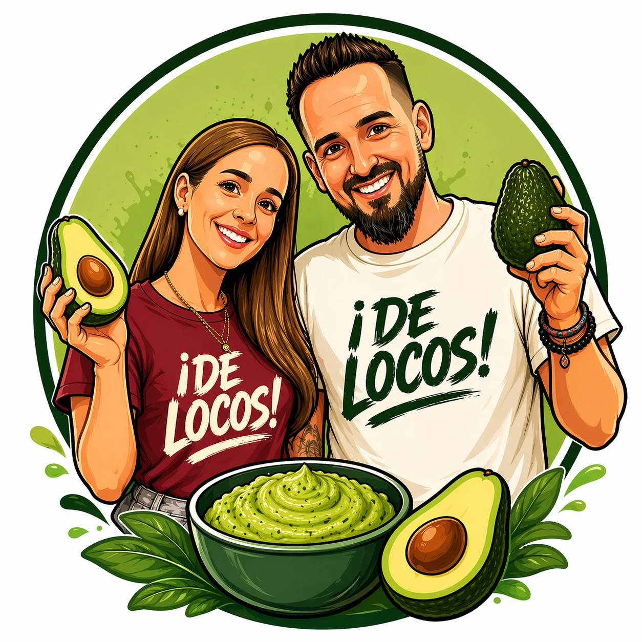 Ilustración de Jonay y Joana con un cuenco de mojo de aguacate y camisetas «¡De locos!»
